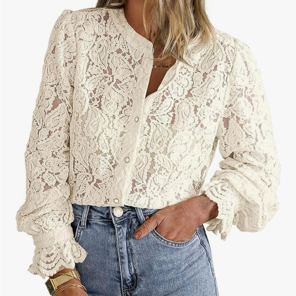 Lace Button-Up Top Blouse in Cream XL